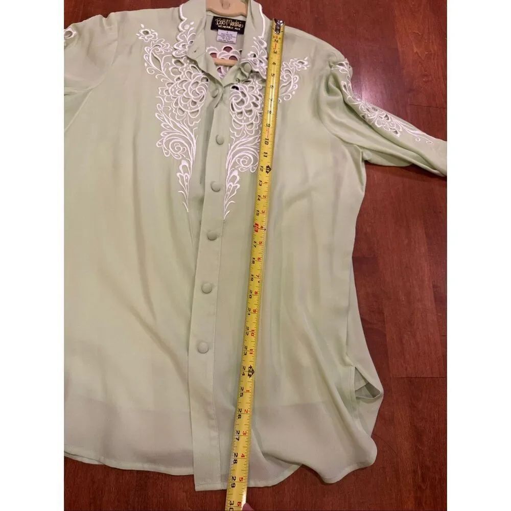 Bob Mackie Wearable Art 100% Silk Embroidered Blouse Top Sage Green Button Front - Picture 5 of 5
